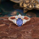 2 Carat Cluster Tanzanite Promise Ring Unique Oval Shaped Pave Halo Ring